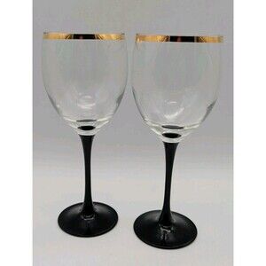 Arcoroc France Black stem with gold rim 8" wine glasses Set Of 2 Contemporary